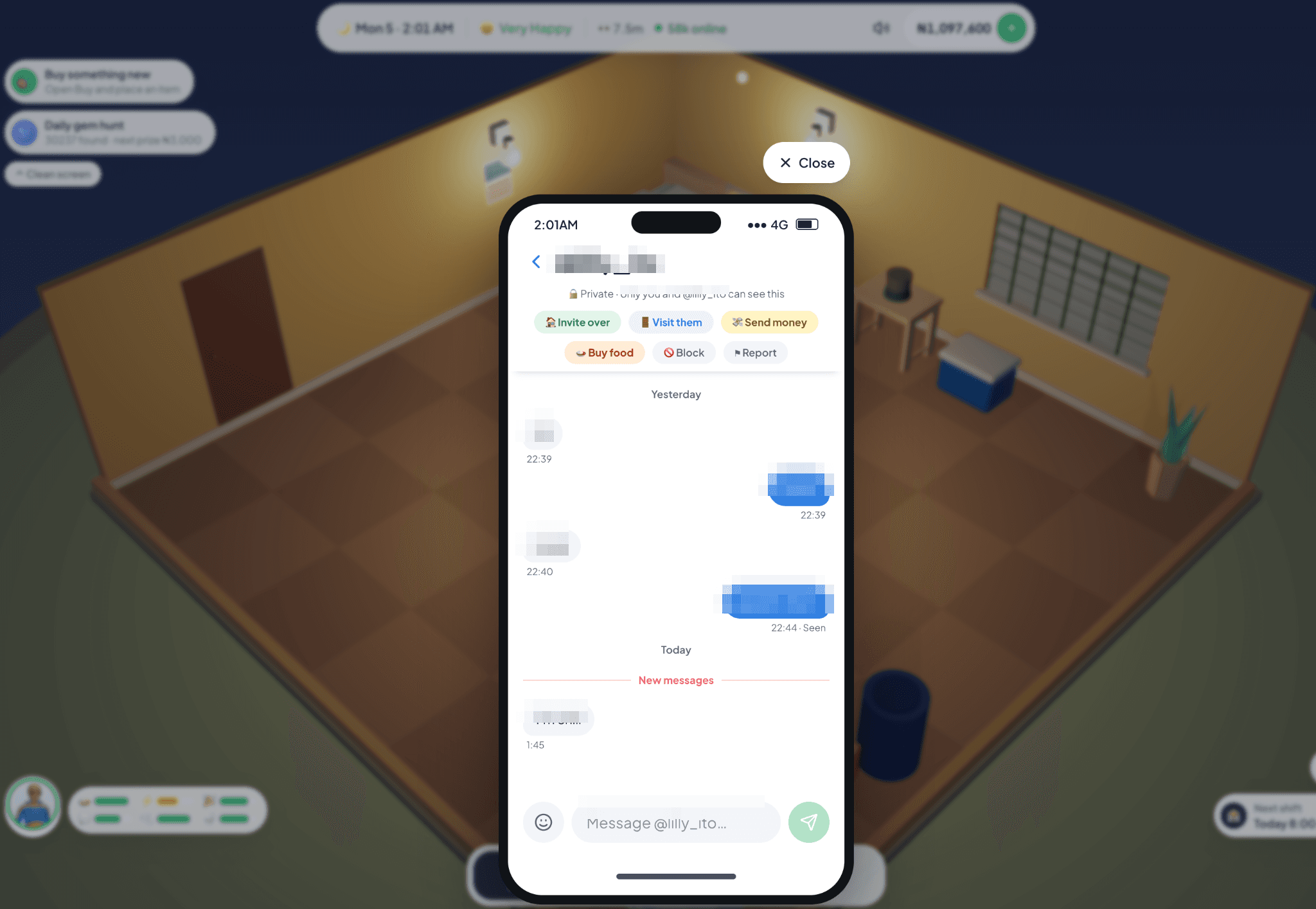 已遮盖隐私信息的 Lagos Life 玩家聊天界面，可见 Send Money 选项