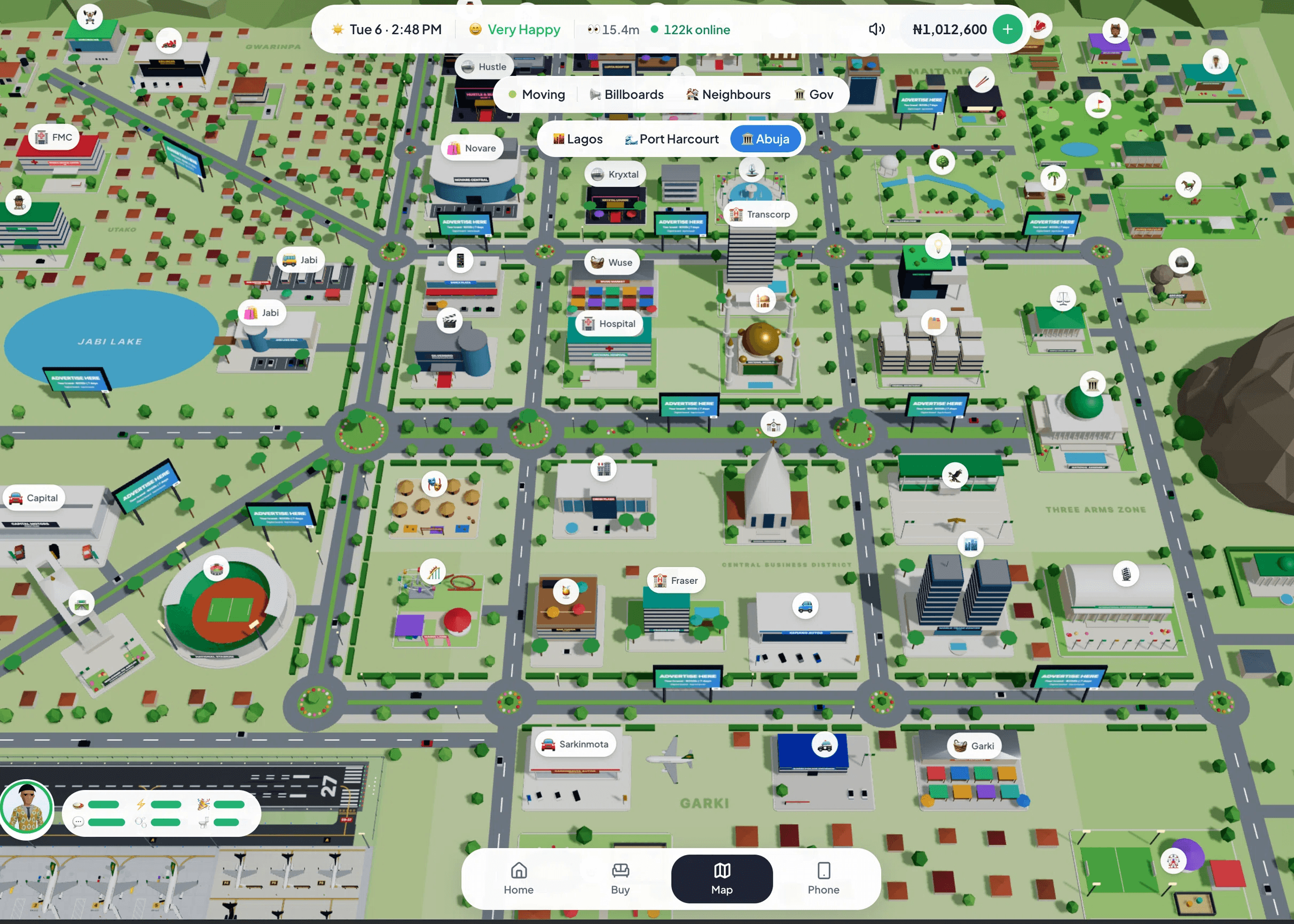 The Abuja map in Lagos Life, with roundabouts, Jabi Lake, Wuse and the Central Business District