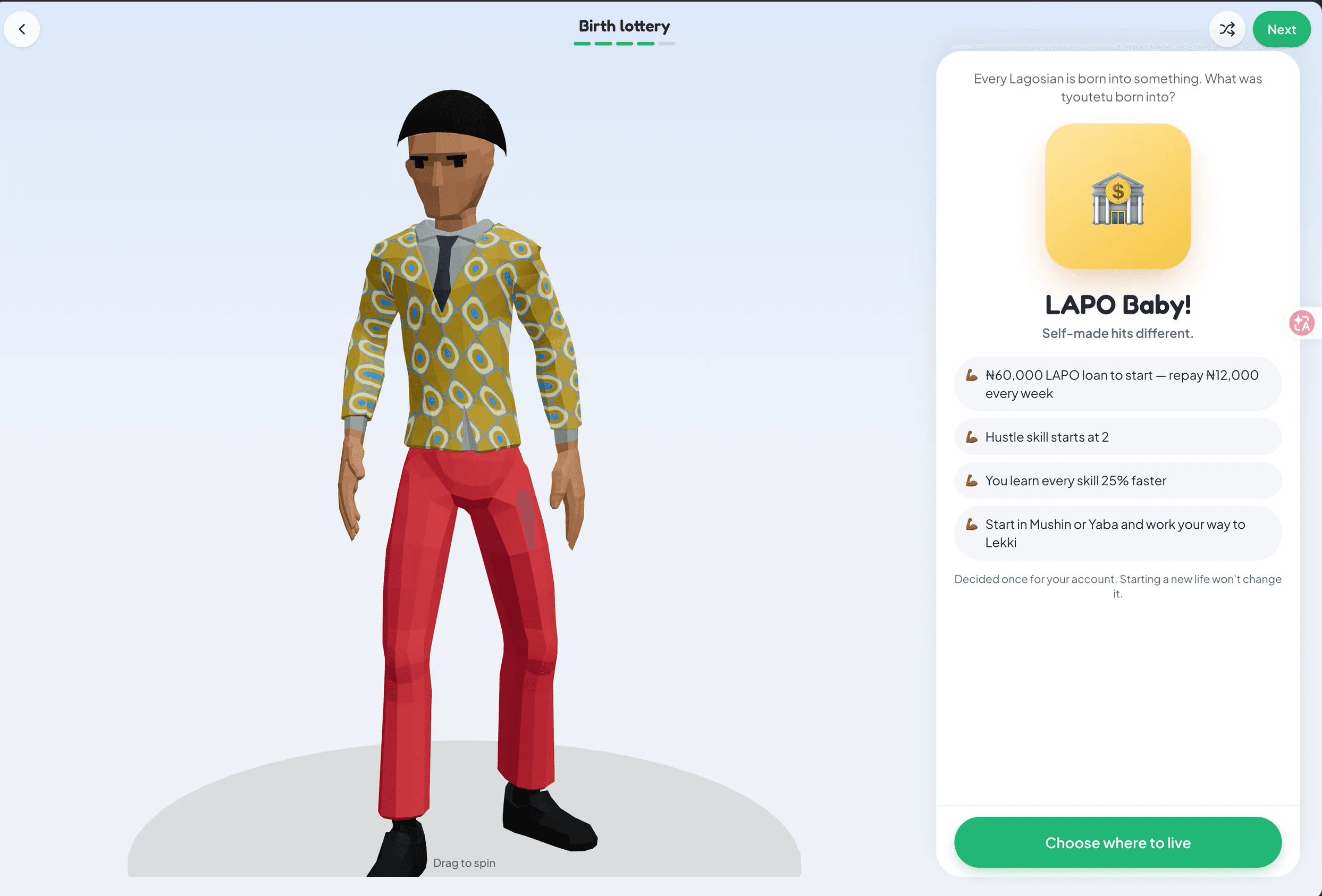 Lagos Life 出生抽签页面：LAPO Baby!，₦60,000 贷款、拼劲 2 级、技能学习快 25%