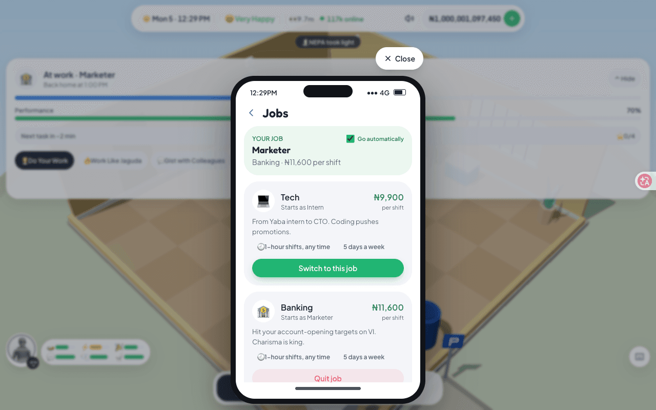 Lagos Life 的 Jobs 页面，列出可以进入的职业与当前职业
