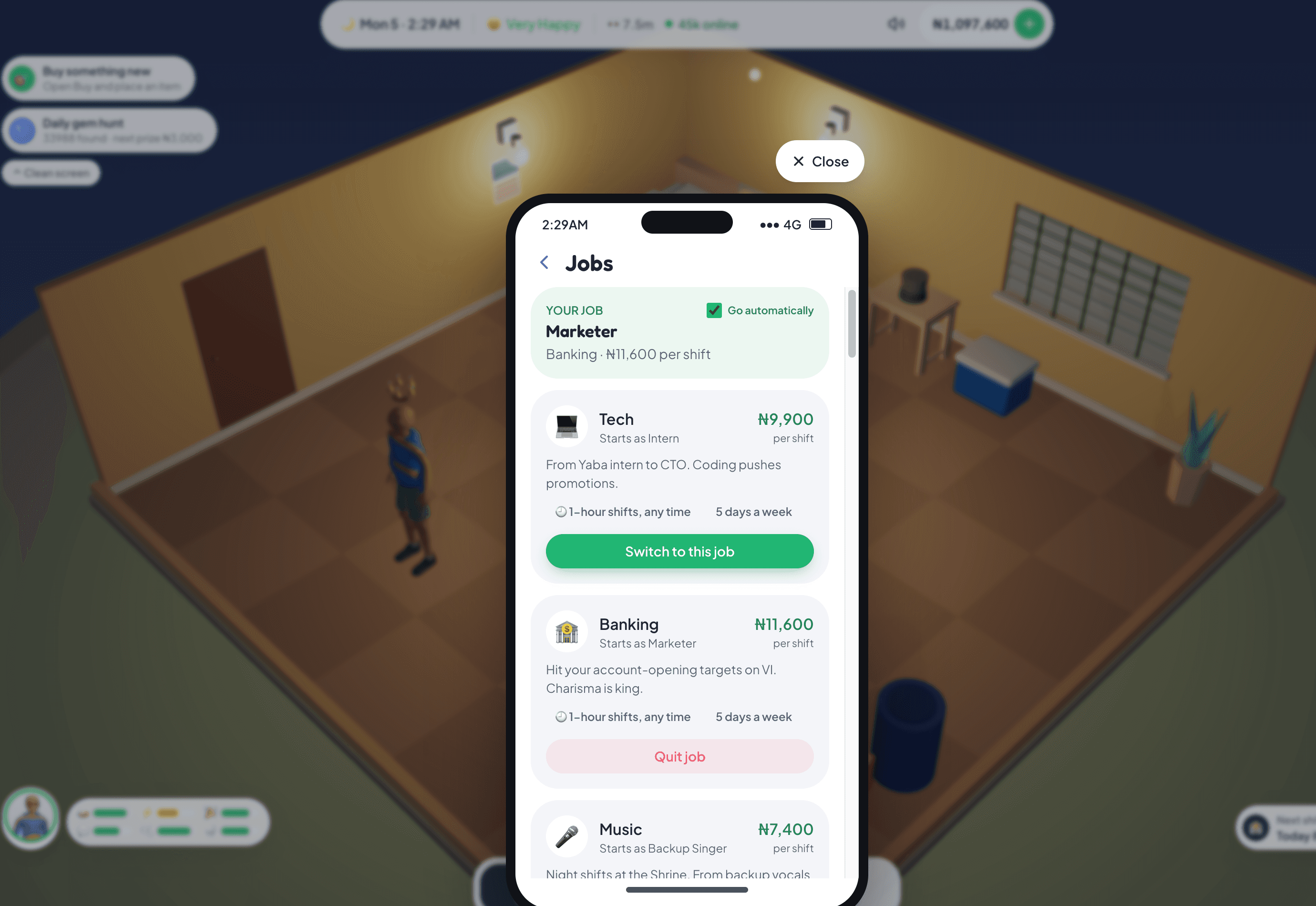 Lagos Life Jobs 页面显示当前 Banking 职位，以及 Tech、Banking 和 Music 职业选项